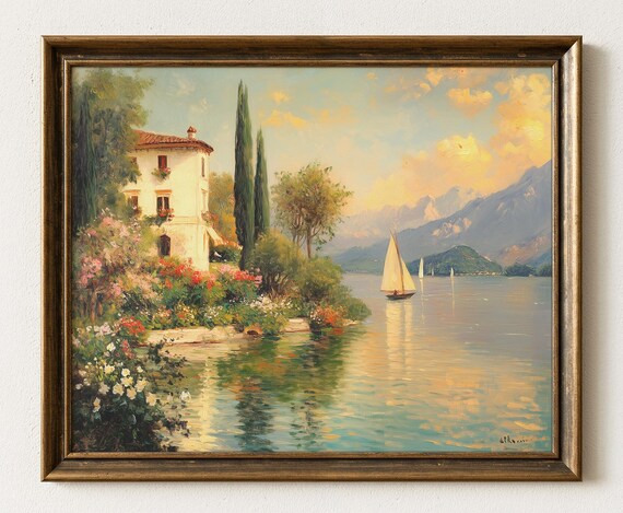 Italian Lakeside Villa Sailboats Blooming Garden Golden Poster