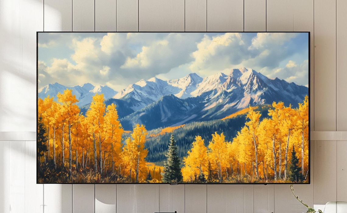 Golden Aspen Trees with Snow Capped Mountains Autumn Art Poster