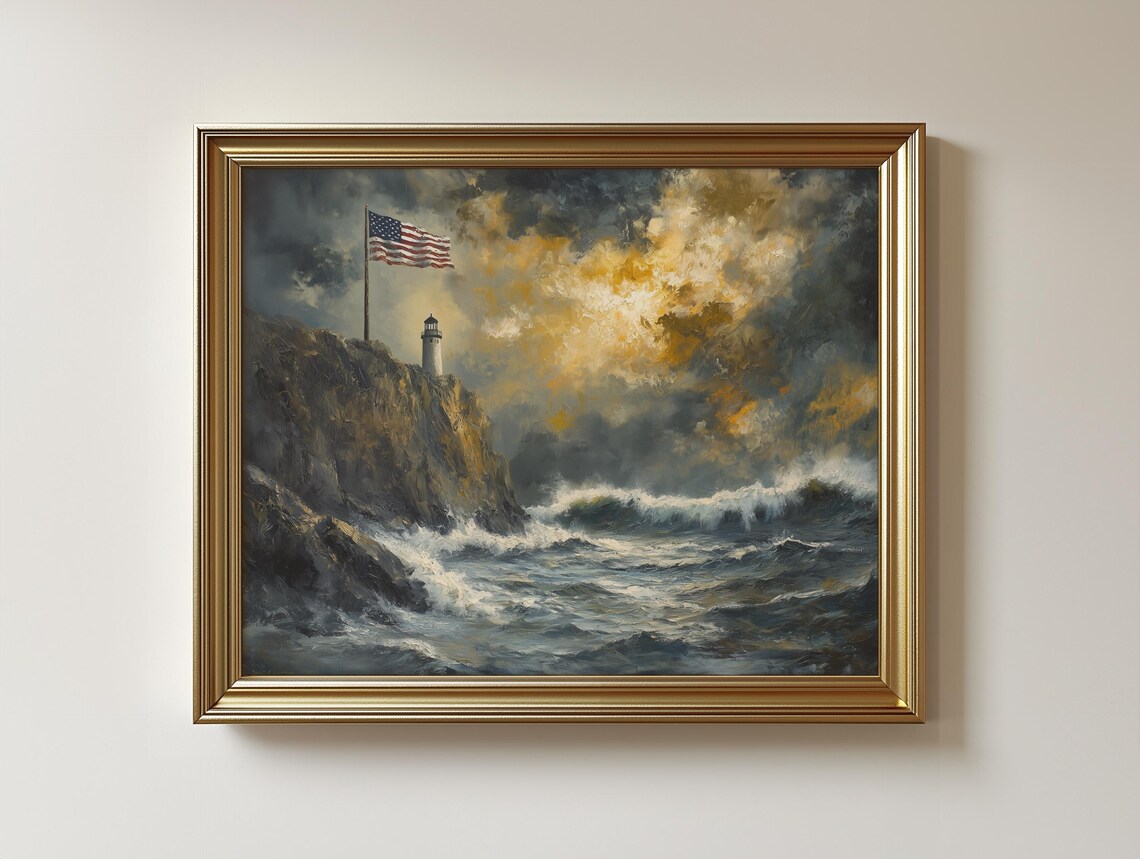 Stormy Seacoast Lighthouse, Vintage Nautical Decor