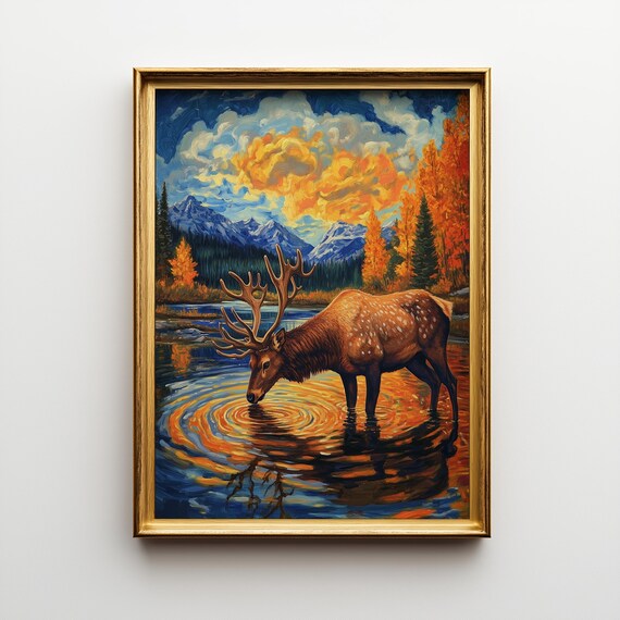 Autumn Elk Sunset Landscape, Rustic Wildlife Art Print