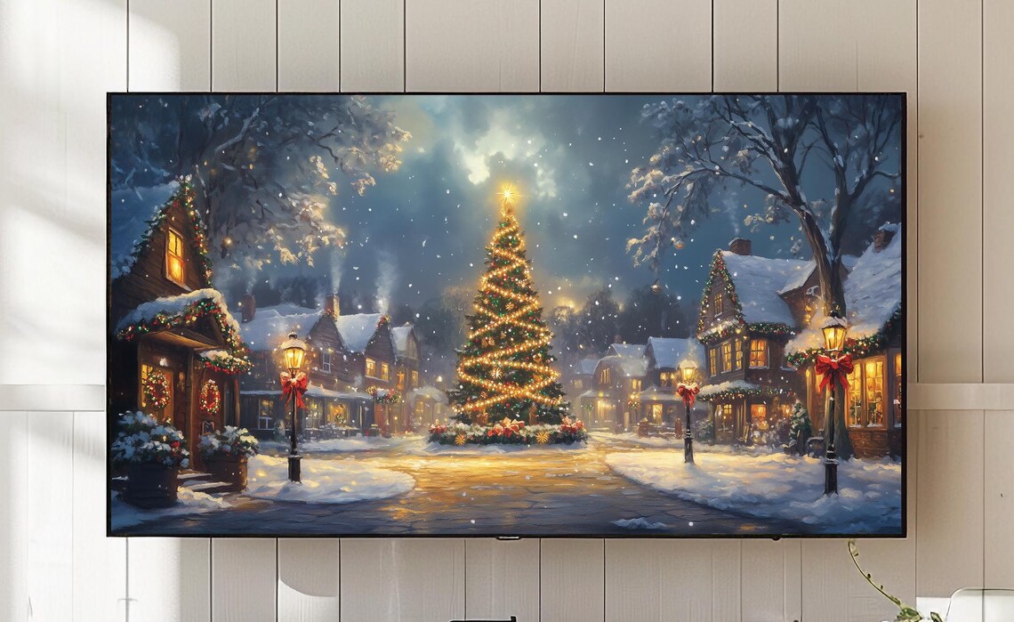 Christmas Village Art Print, Snowy Winter Evening