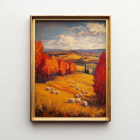 Autumn Meadow Sheep Grazing Golden Pastoral Landscape Oil Poster