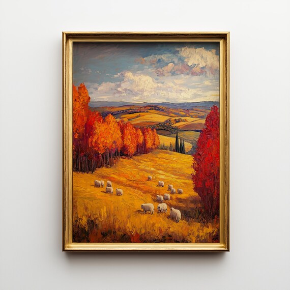 Autumn Pastoral Landscape Print Sheep In Golden Meadow 538