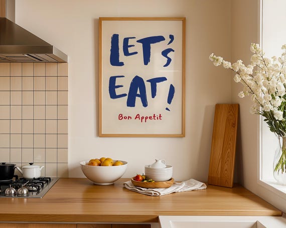 Lets Eat Bon Appetit Art Print Blue French Bistro Typography Poster Modern Kitchen Wall Diner Decor Welcoming Sign