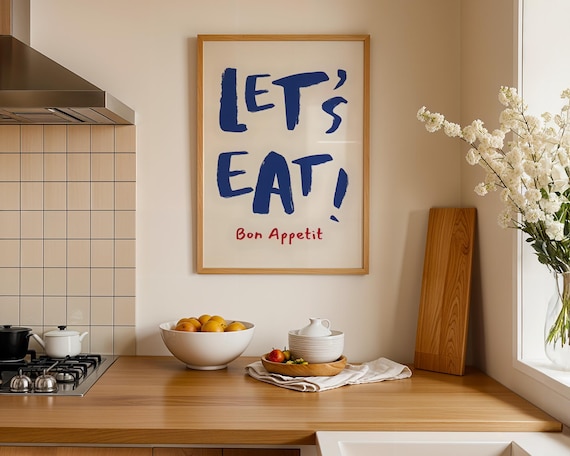 Lets Eat Bon Appetit Typography Blue Red Bold Kitchen Wall Art Decor