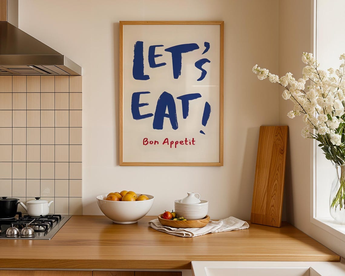 Lets Eat Bon Appetit Typography Blue Red Bold Kitchen Wall Art Decor