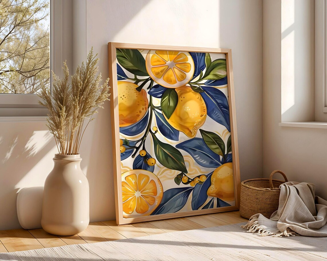 Modern Lemon Branch Poster Print, Mediterranean Citrus
