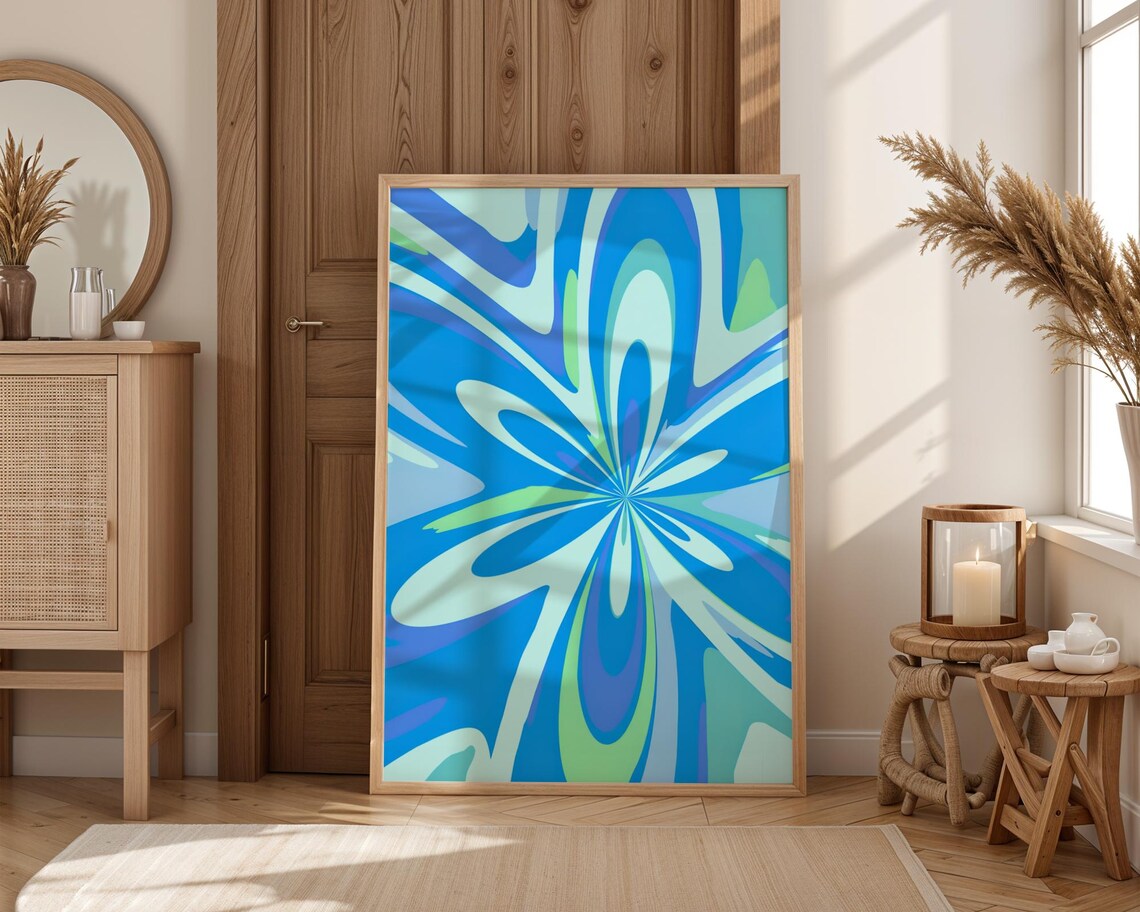 Blue Psychedelic Flower Burst Groovy Retro Flower Power Poster