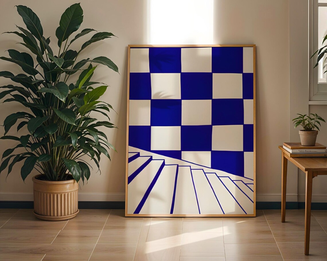 Blue And White Geometric Abstract Checker, Poster