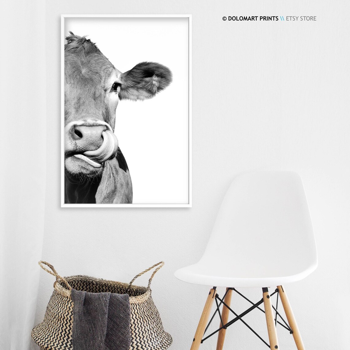 Cow Licking Nose Close Up Black And White Funny Farm Animal Poster - Image 3