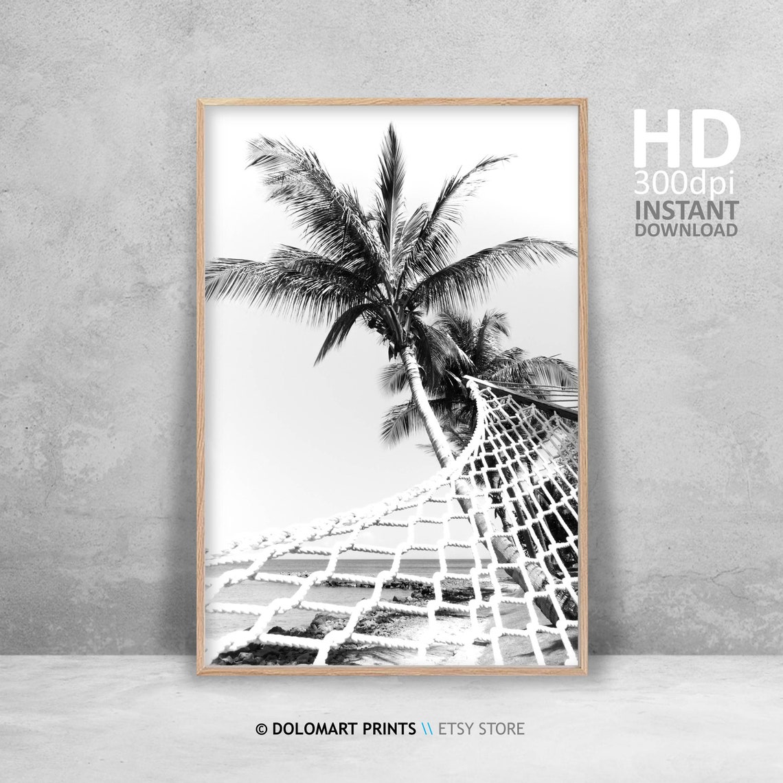 Hammock Under Palm Tree Black and White Beach Photography Poster - Image 3