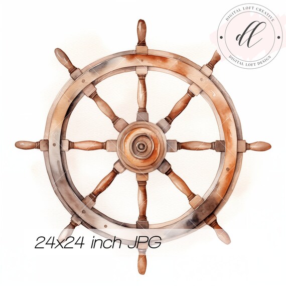 Wooden Ship Wheel Watercolor Nautical Coastal Vintage Wall Art