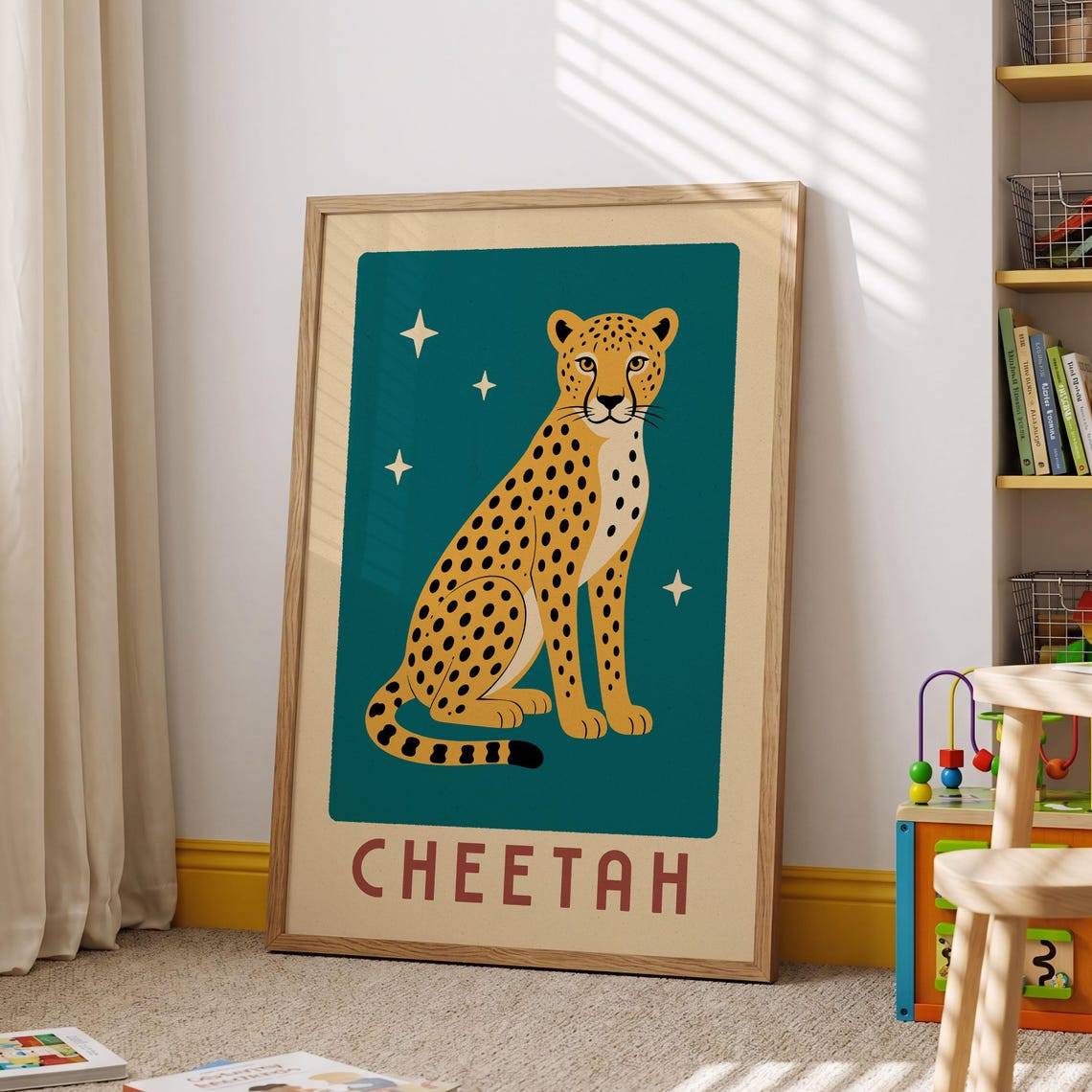 Retro Cheetah Sitting Tall Teal Safari Animal Kids Room Poster