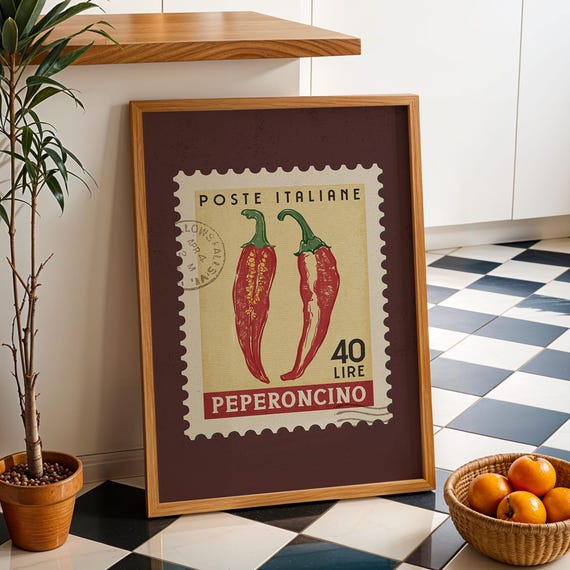 Chili Pepper Decor Italian Kitchen Art Retro Print Spicy Vegetables Trendy Vintage Food Gift