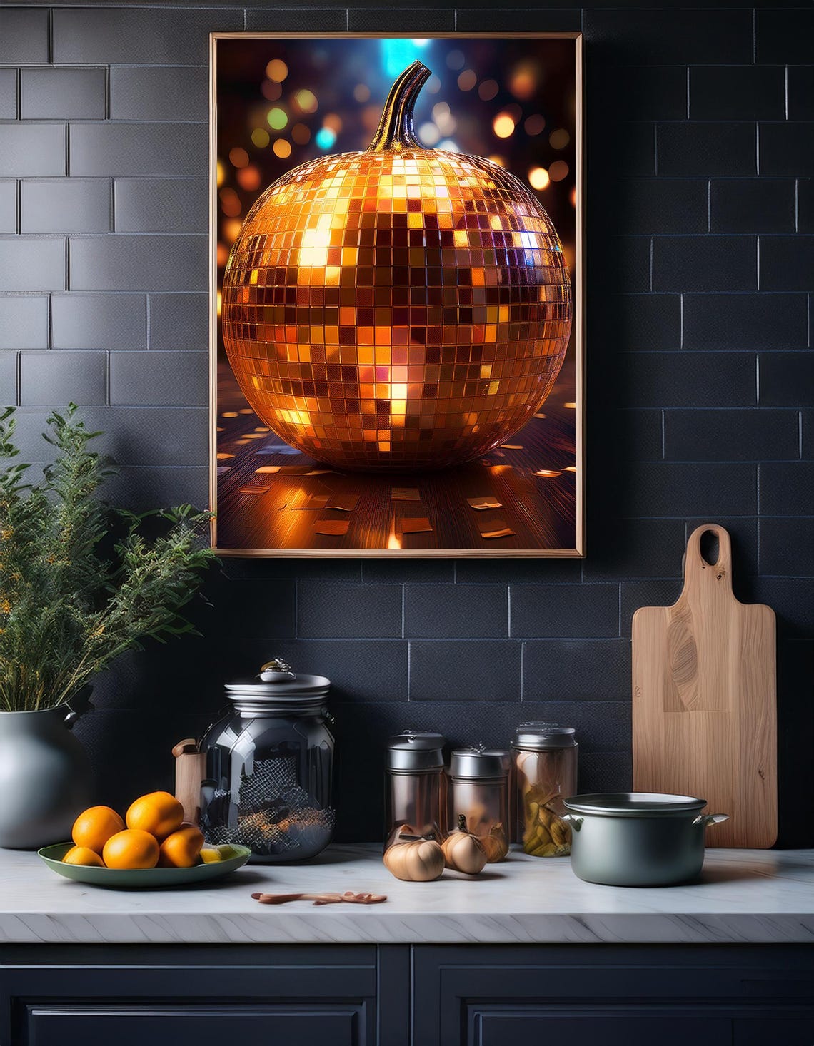 Disco Ball Pumpkin Mirror Tile Fall Party Night Scene Art Poster - Image 6