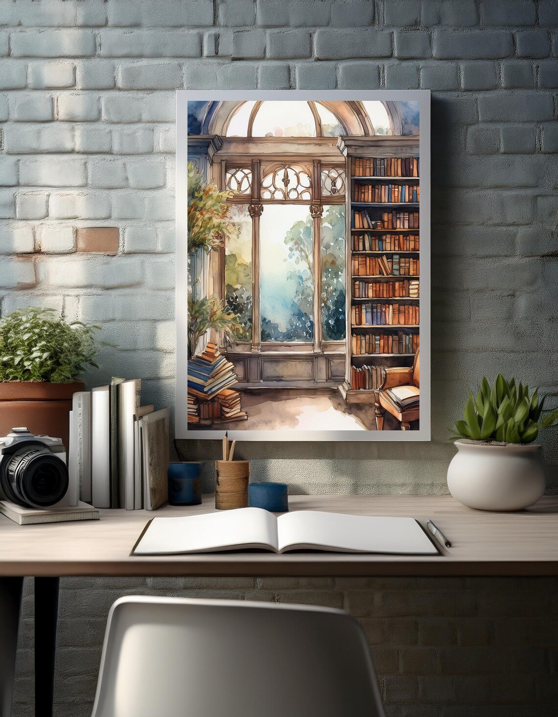 Library Window Watercolor Cozy Bookshelf Reading Nook Book Lover Wall Art Poster - Image 3