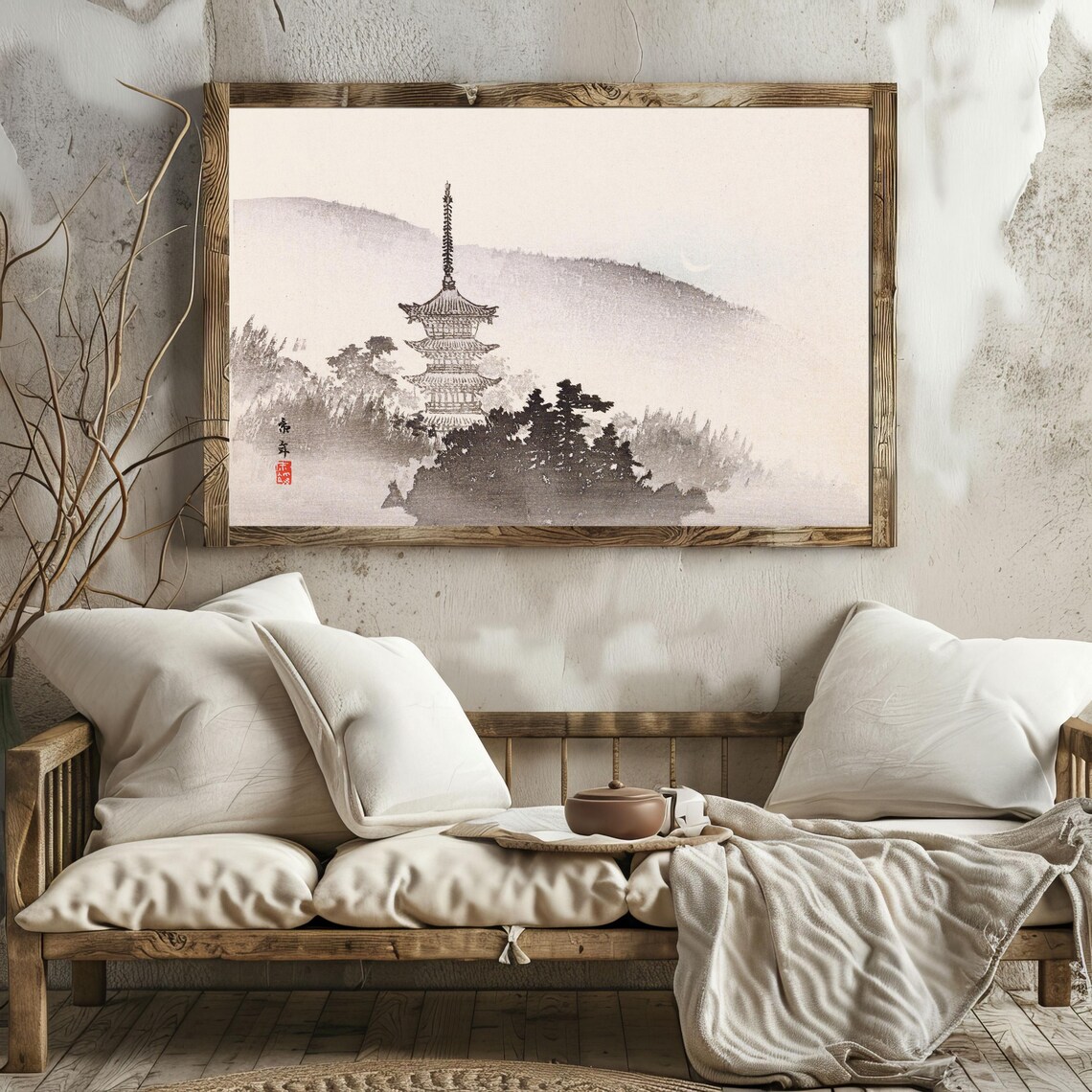 Japanese Pagoda In Misty Mountains Ink Wash Landscape Art Poster - Image 6