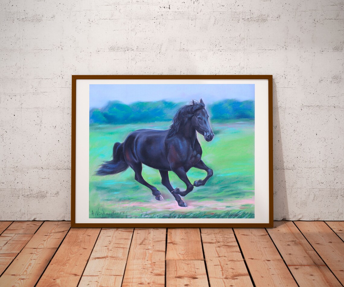 Black Horse Galloping Meadow Pastel Painting Equine Art Poster