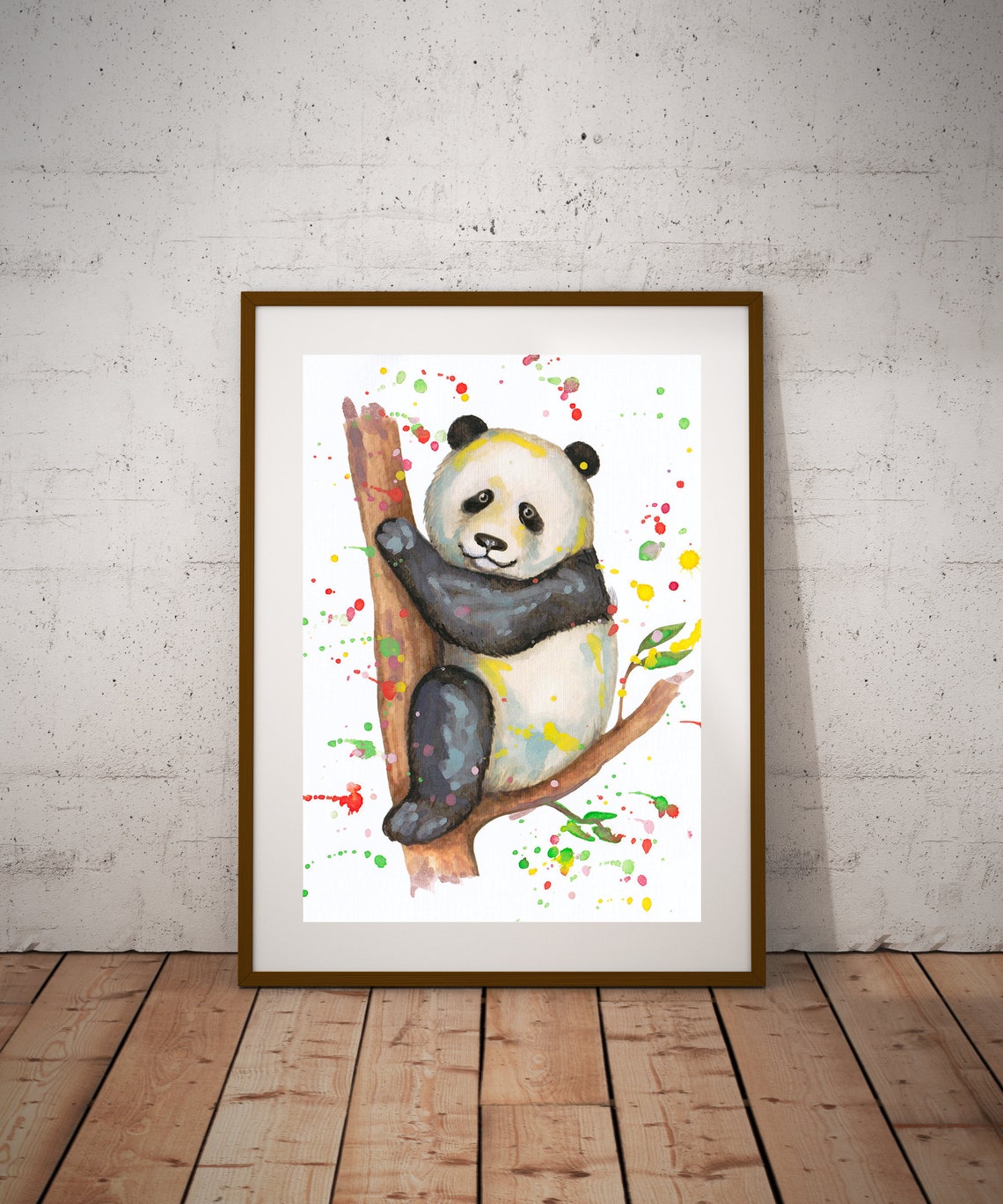Cute Panda Climbing Tree Watercolor Splash Nursery Art Poster