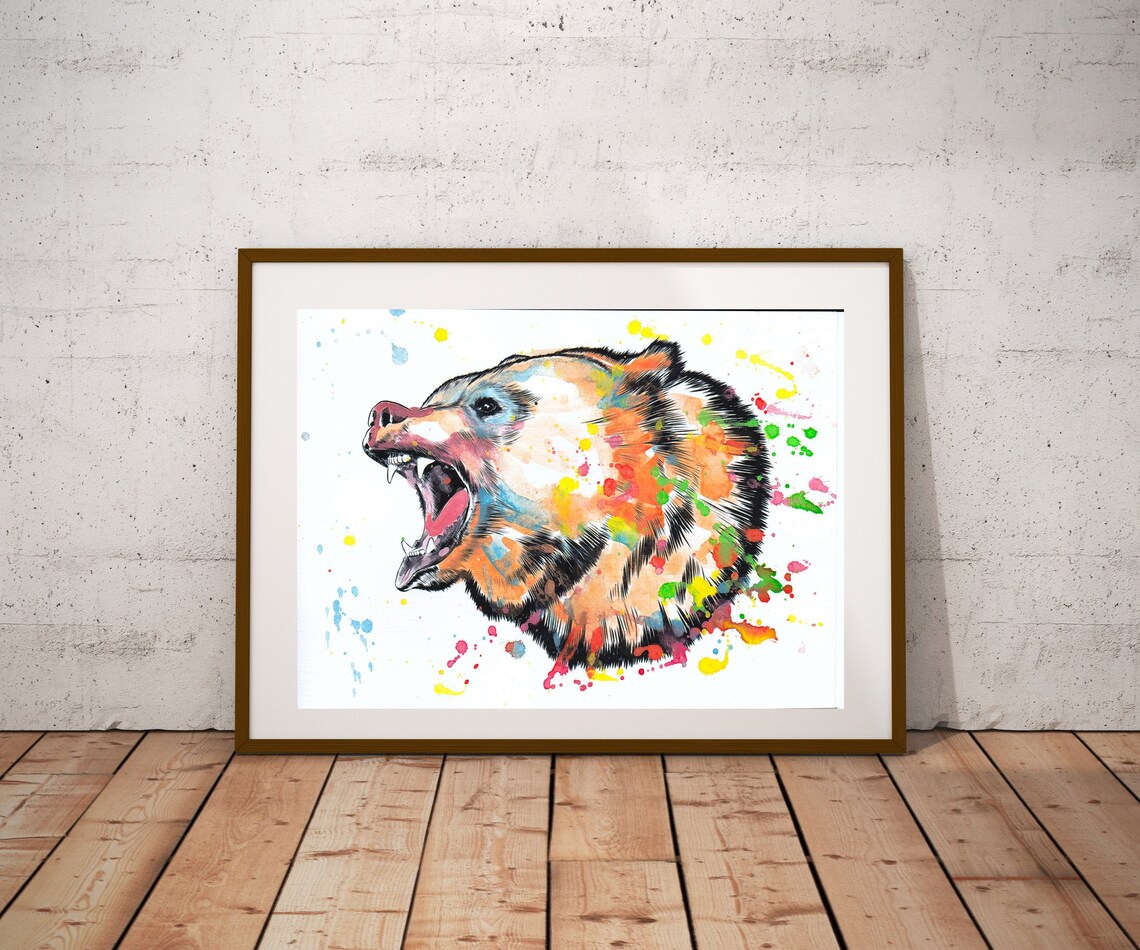 Roaring Bear Head Ink Sketch Colorful Watercolor Splatter Wall Art
