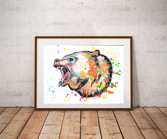 Roaring Bear Head Ink Sketch Colorful Watercolor Splatter Wall Art