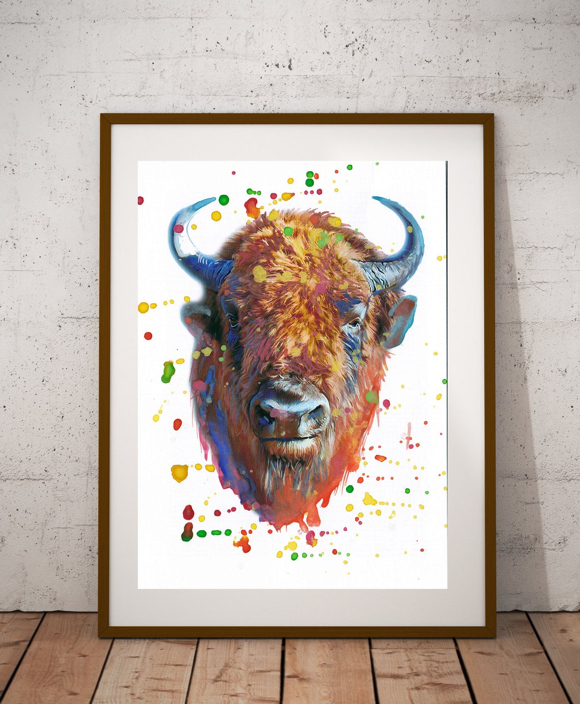 Bison Portrait Blue Horns Colorful Watercolor Splash Art Poster