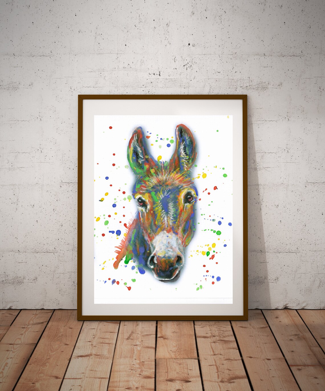 Rainbow Donkey Portrait Colorful Watercolor Splash Art Poster
