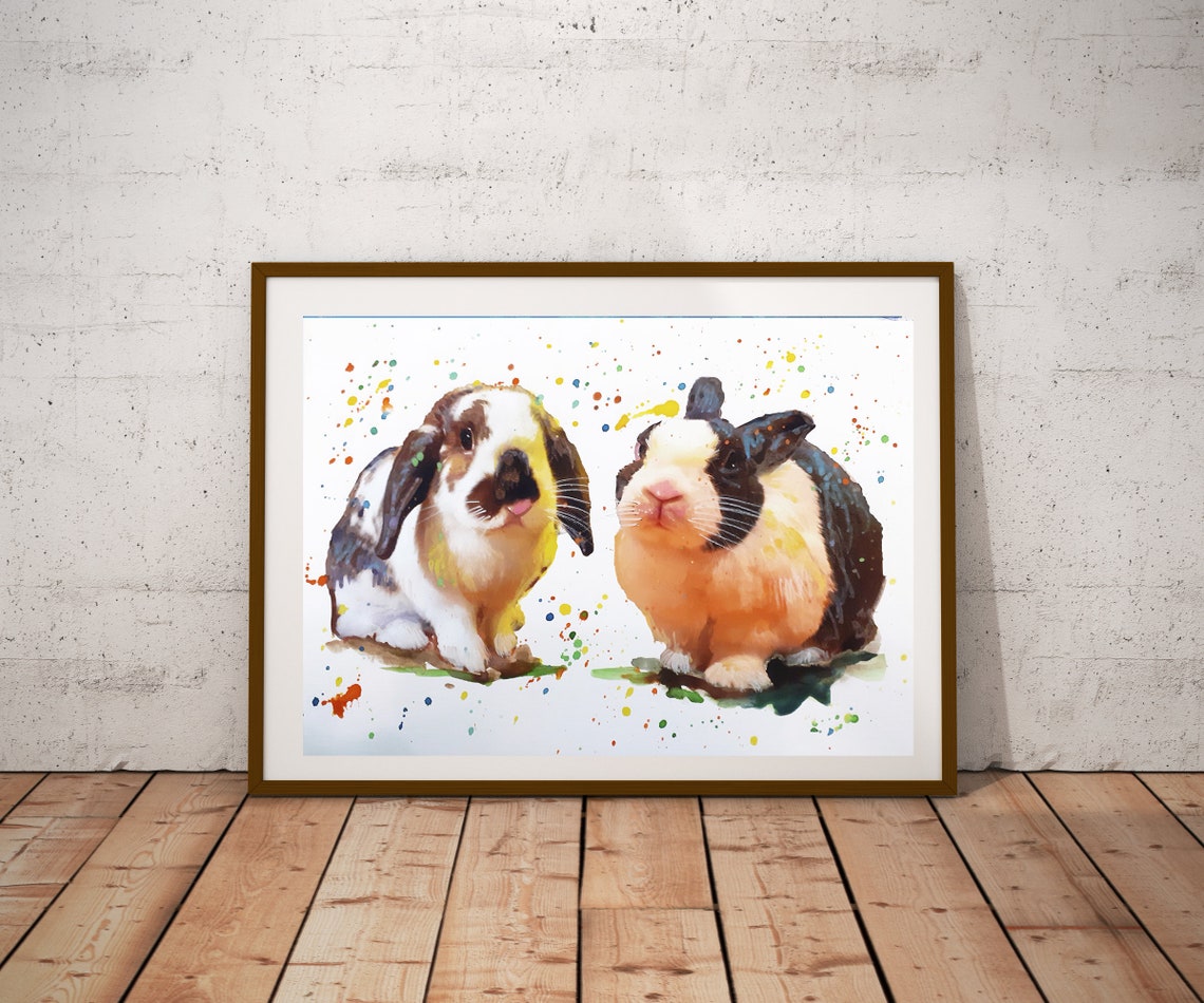 Two Lop Eared Rabbits Colorful Watercolor Splash Bunny Art Poster