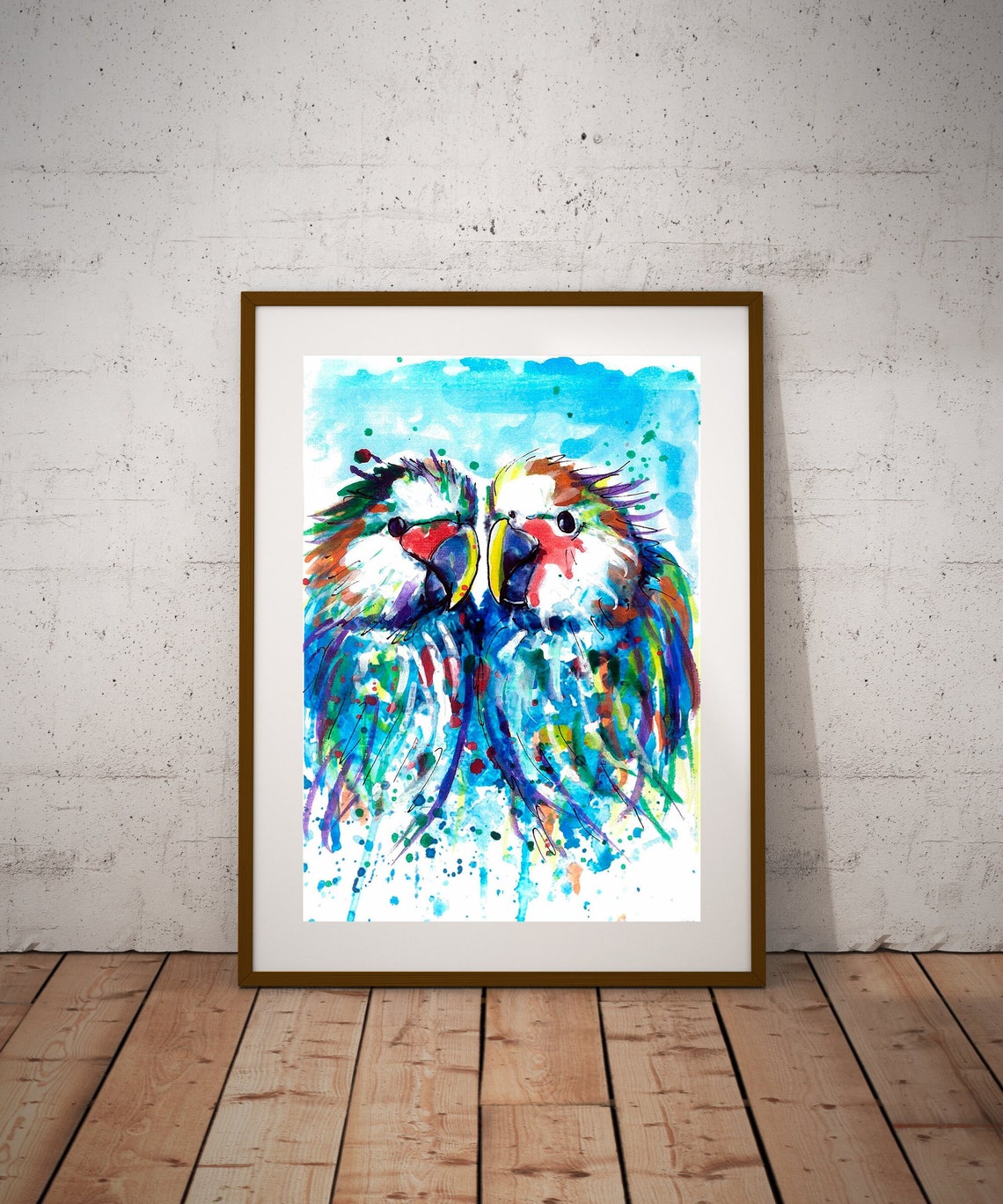 Two Colorful Parrots Beak to Beak Watercolor Splash Art Poster