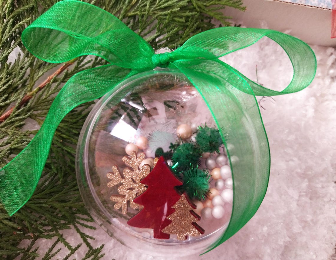 Clear Christmas Bauble Ornament Green Ribbon Mini Trees Decor Poster