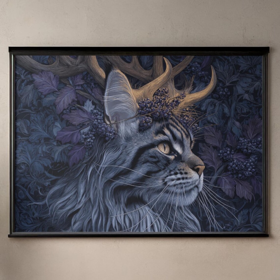 Mystical Maine Coon Cat Gothic Botanical Art Print