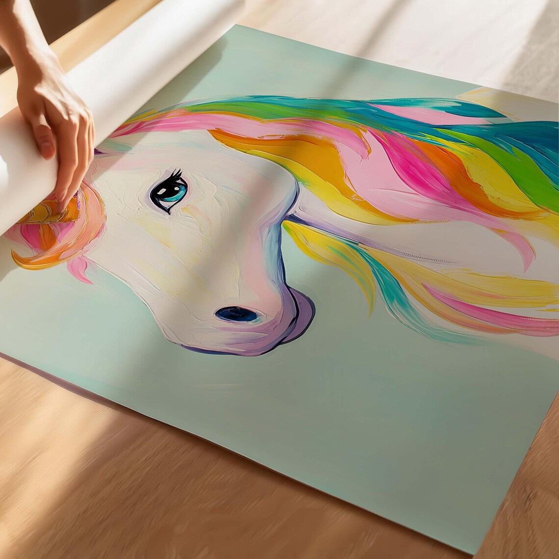 Rainbow Unicorn Oil Painting Pastel Mane Kids Room Art Poster - Image 2