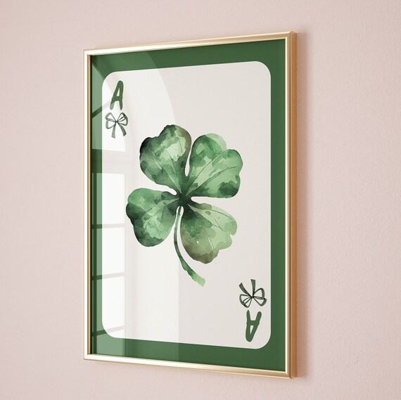 Four Leaf Clover Ace Playing Card Green Bow Watercolor Poster