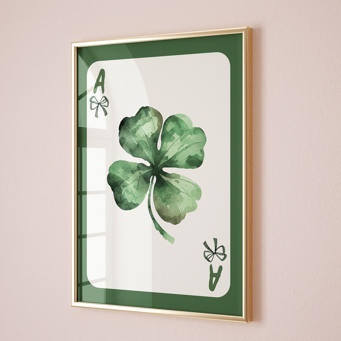 Four Leaf Clover Ace Playing Card Green Bow Watercolor Poster