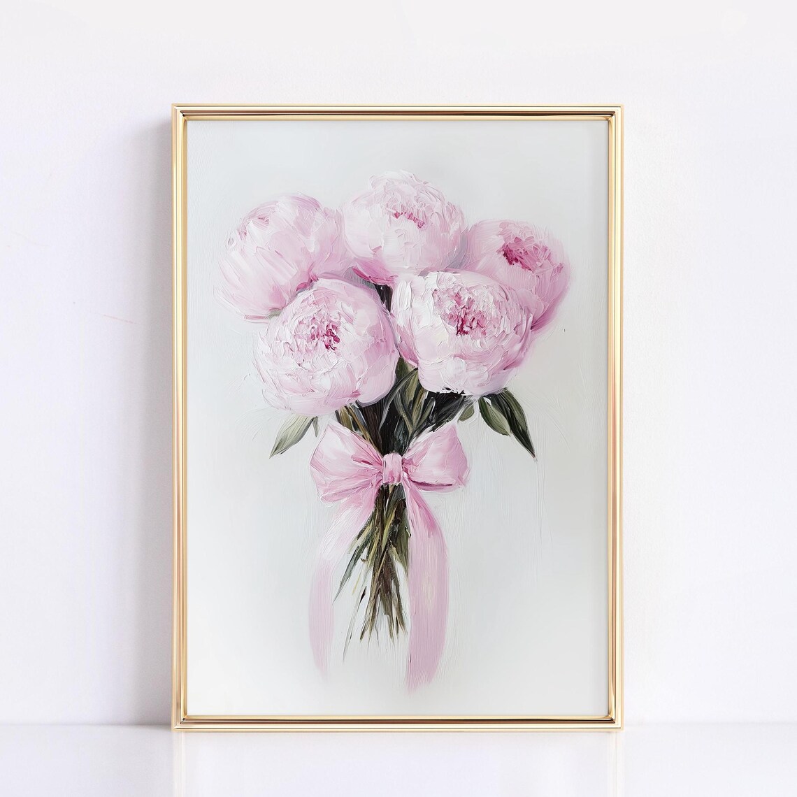 Pink Peonies With Bow, Neutral Floral Art Print