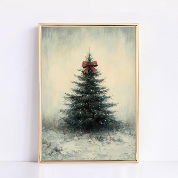 Pine Tree With Christmas Bow Painting Winter Christmas Tree Print Moody Holiday Home Decor Christmas Wall Art Coquette Christmas Print