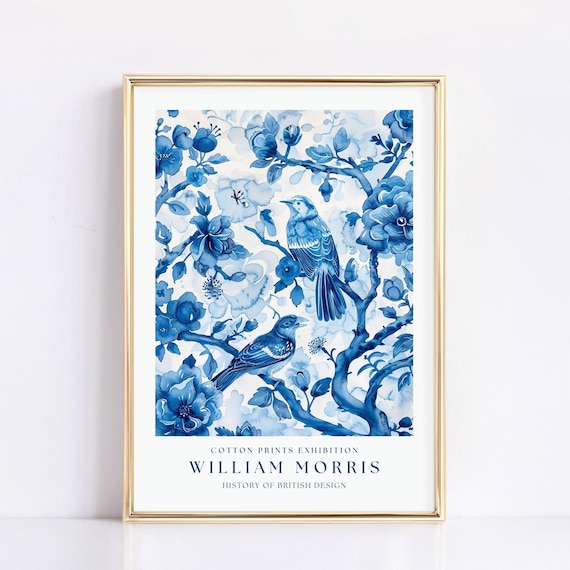 William Morris Blue Floral Two Birds Botanical Exhibition Poster