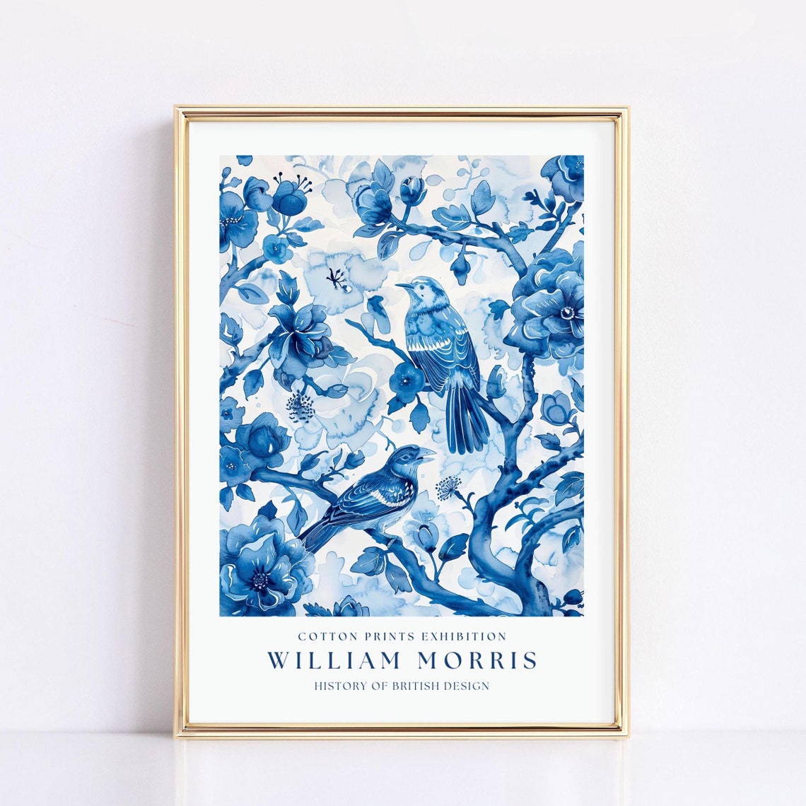 William Morris Blue Floral Two Birds Botanical Exhibition Poster
