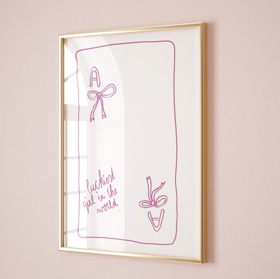 Bow Drawing Luckiest Girl In The World Coquette Room Decor Bow Wall Art Wall Art Prints Trendy Balletcore Decor Pink