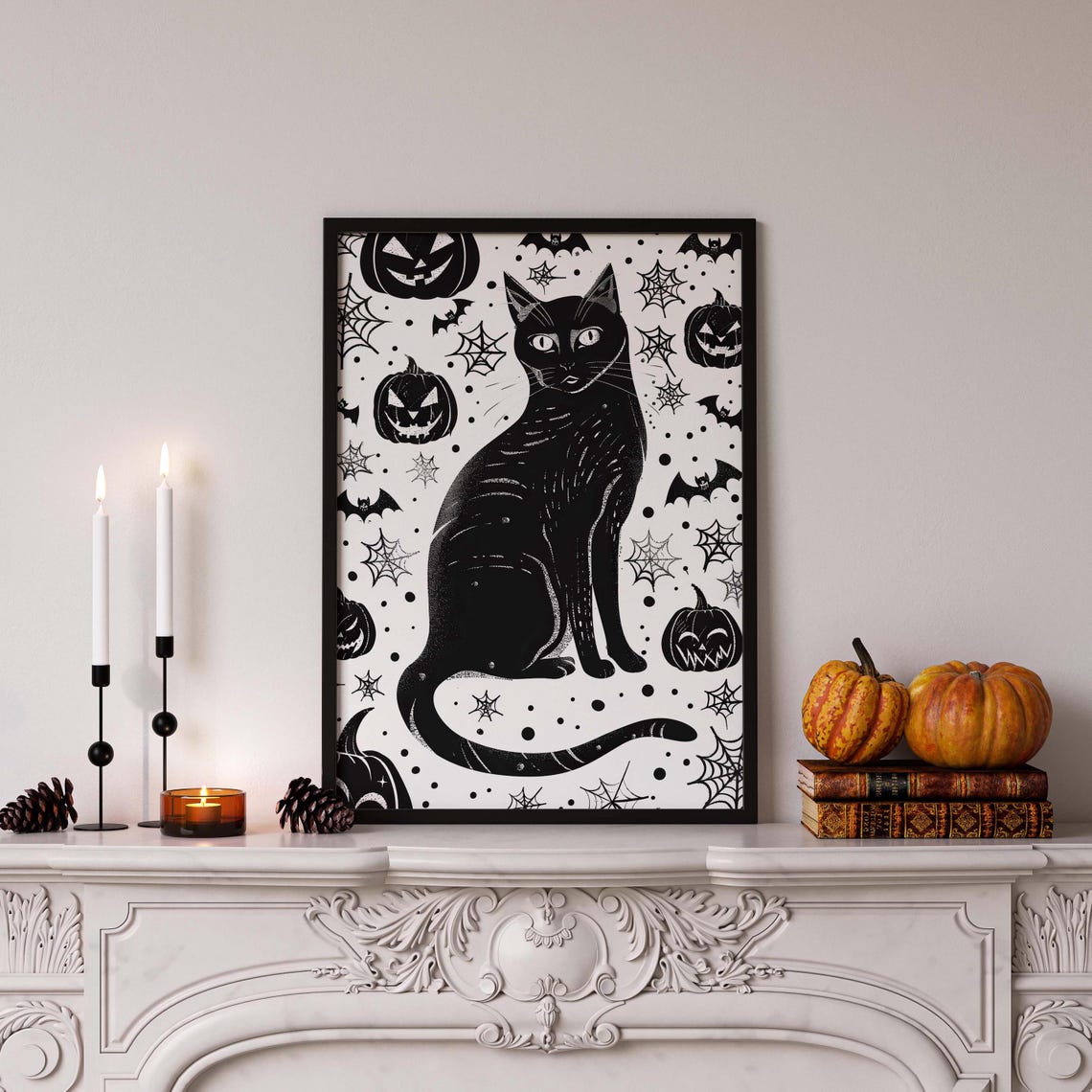 Black Cat Halloween Pumpkin Bats Spooky Autumn Decor Wall Poster