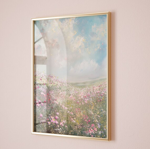 Dreamy Pink Wildflower Meadow Soft Impressionist Landscape Art Poster