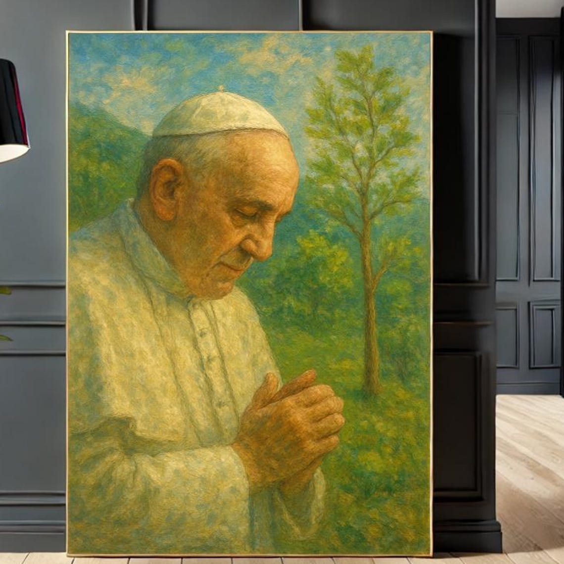 Pope Francis in Prayer Green Landscape Catholic Portrait Poster