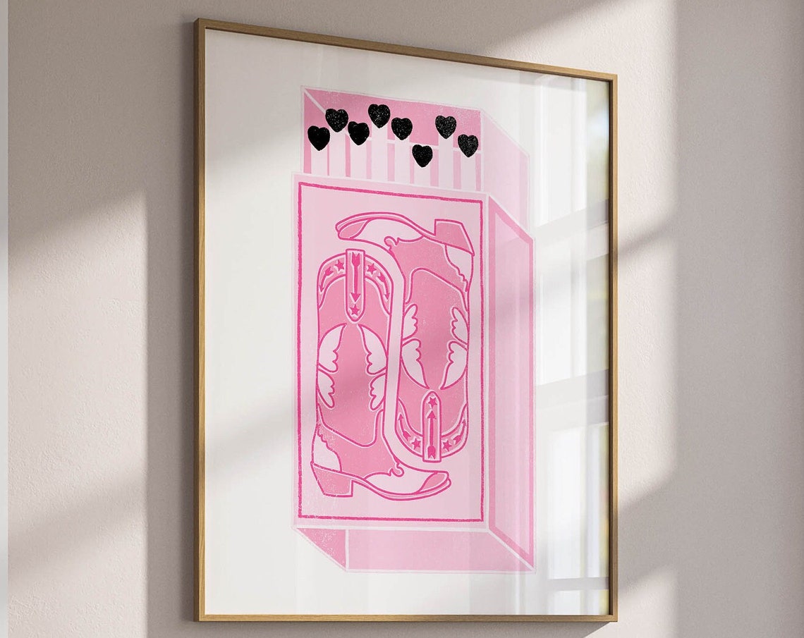 Pink Cowboy Boots Matchbox Illustration Cowgirl Western Poster