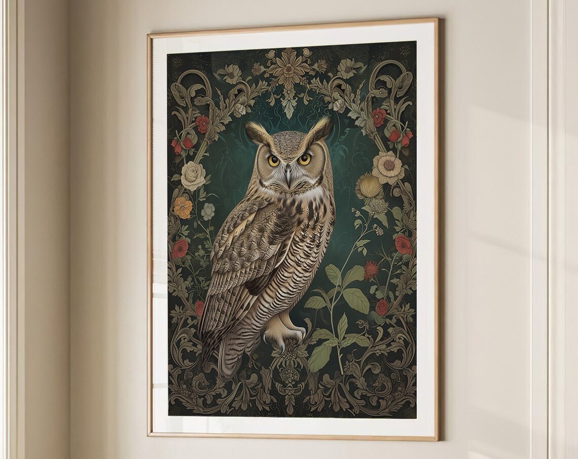 Great Horned Owl Centered In Ornate Dark Floral Frame Poster - Image 5