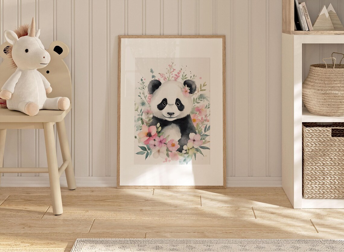 Baby Panda Watercolor Portrait With Pink Floral Wreath Poster - Image 2