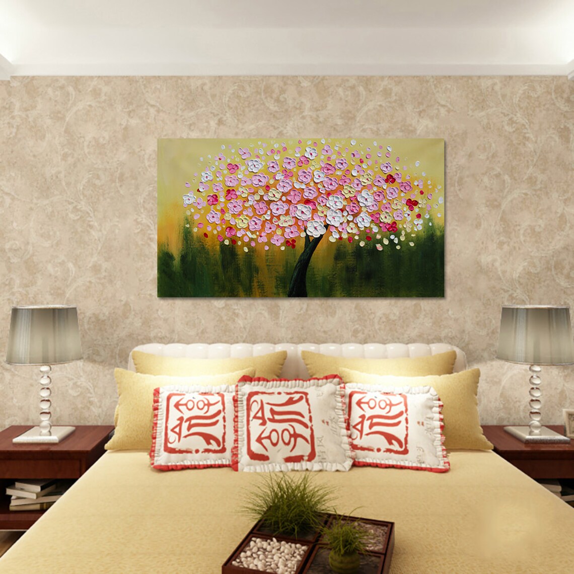 Pink Yellow Cherry Blossom Canopy On Gold Green Textured Oil Poster - Image 3