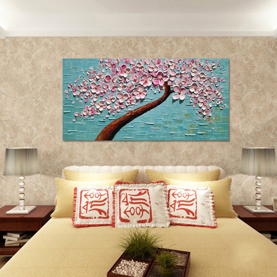 Dreamy Pink Blossom Tree on Turquoise Palette Knife Art Poster - Image 3