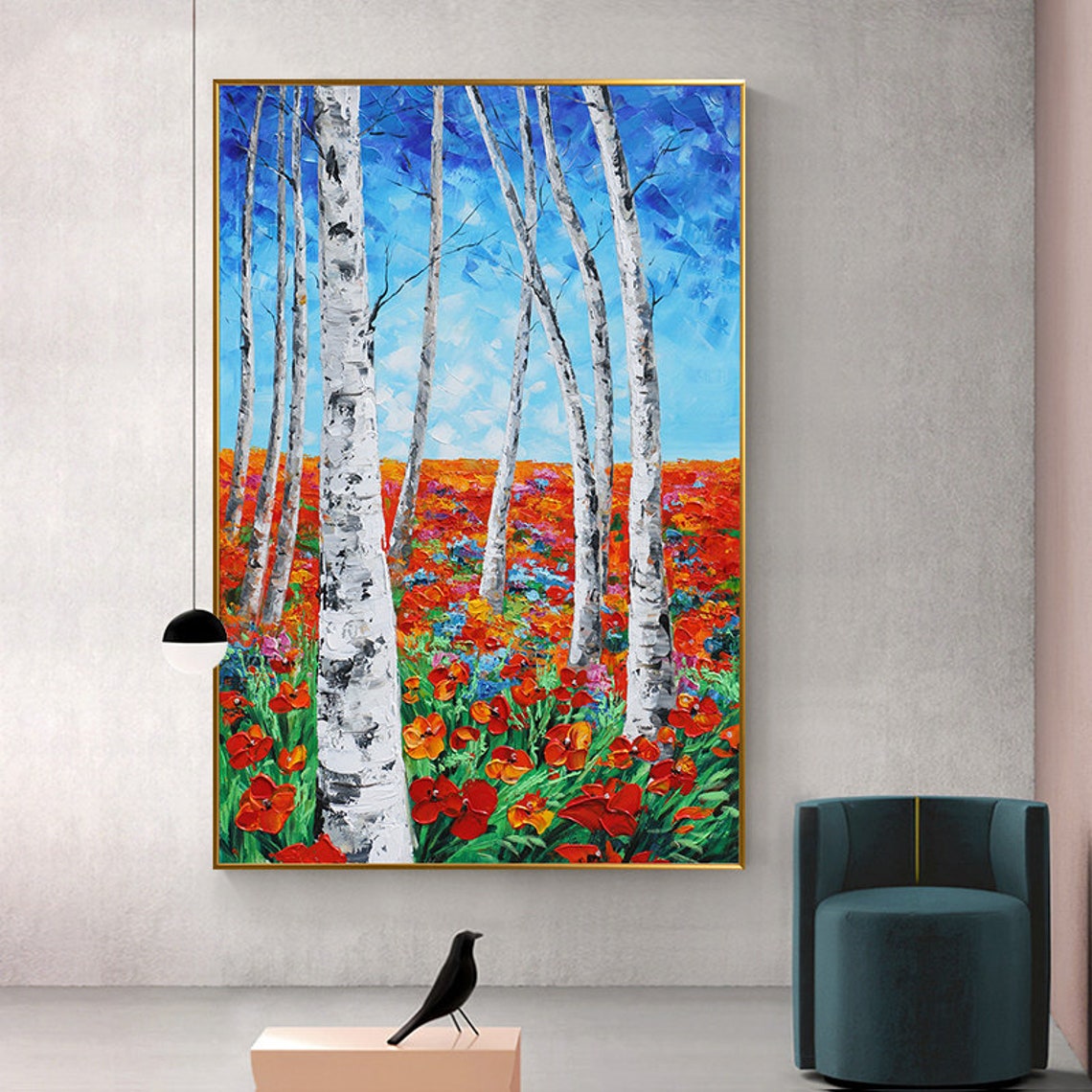 White Birch Trees Over Red Poppy Field Under Blue Sky Poster - Image 2