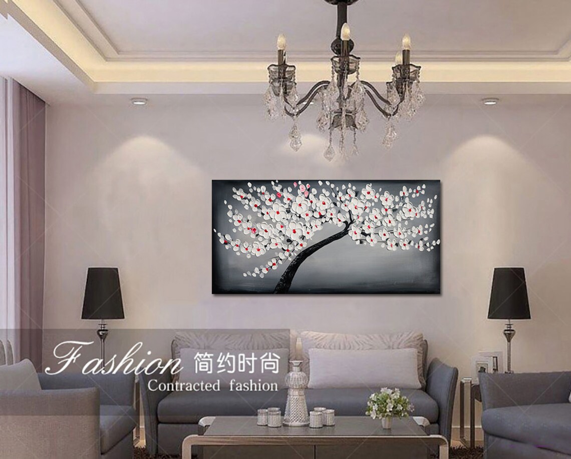 White Red Centered Blossoms On Charcoal Grey Oil Paint Poster - Image 4
