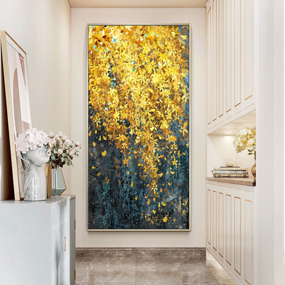 Yellow Bloom Abstract Oil Painting, Dark Turquoise - Image 6
